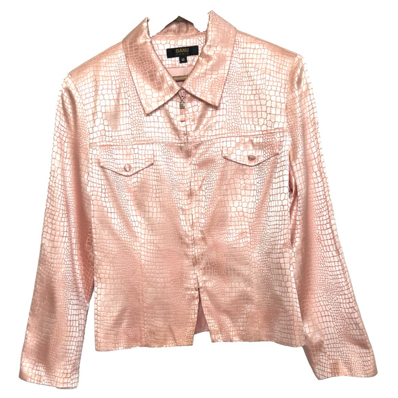VTG Banu Paris Womens Alligator Print Zip Jacket Size 12 Powder Pink Deadstock - Picture 1 of 15